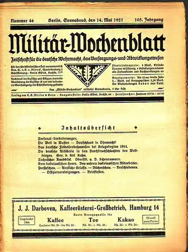 MilitärWochenblatt.   C. von Altrock: Militär Wochenblatt. Jahrgang 105, Nummer 46, 14. Mai 1921. Zeitschrift für die deutsche Wehrmacht, das Versorgungs  und Abwicklungswesen.. 