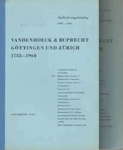 Vandenhoeck & Ruprecht: Auslieferungskatalog Vandenhoeck & Ruprecht in Göttingen und Zürich 1900 - 1960 vom  November 1960 UND: Ergänzung 1960 - 1965 vom Juni 1965. 2 Teile. 