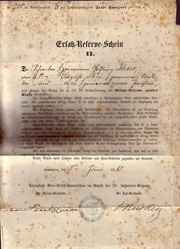 Thies, Hermann Christian, Ersatz-Reserve-Schein II für Hermann Christian Thies, geboren am 8. August 1863 zu Hannover. No 205 der Vorstellungsliste C des Aushebungs-Bezirkes Stadt Hannover...