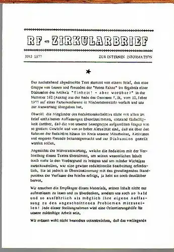 Rote Fahne. - Tesinsky, Peter (für den Inhalt verantwortlich): Rote Fahne, Zentralorgan der Marxistisch-Leninistischen Partei Österreichs - MLPÖ. RF - Zirkularbrief Juli 1977. Zur internen Information. 