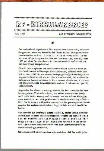 Rote Fahne, Zentralorgan der Marxistisch-Leninistischen Partei Österreichs - MLPÖ. RF - Zirkularbrief Juli 1977. Zur internen Information