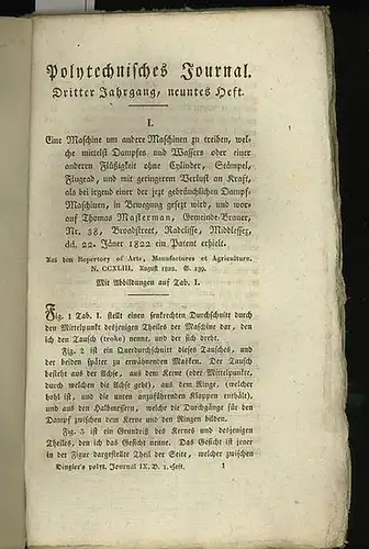 Polytechnisches Journal. Hrsg. v. Johann Gottfried  Dingler: Polytechnisches Journal. Band 7. Heft 1. (1822). (3. Jahrgang, 9. Heft ). 
