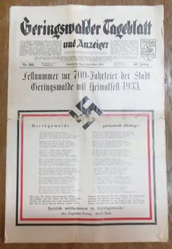 Geringswalde. - Tagesblatt und Anzeiger. - Beck, Ernst (Schriftleiter): Geringswalder Tageblatt und Anzeiger. Jahrgang 66, Nr. 205, Sonnabend, den 2. September 1933. Festnummer zur 700 -Jahrfeier der Stadt Geringswalde mit Heimatfest 1933. Inh.u.a.: Hinde