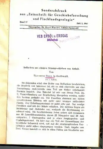 Stoll, Elisabeth: Mollusken aus einigen Senongeschieben von Anhalt. Sonderabdruck aus 'Zeitschrift für Geschiebeforschung und Flachlandsgeologie', Band 17, Heft 2, 1941. 