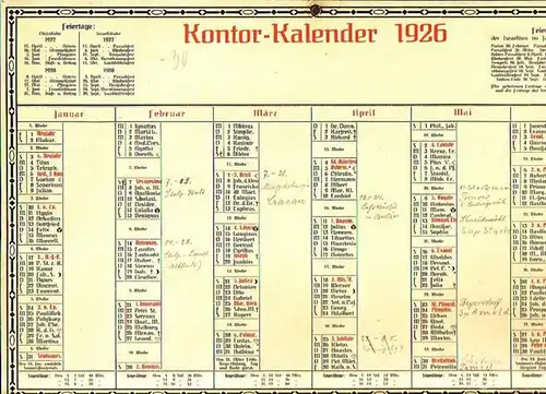 Kontorkalender: Kontor-Kalender 1926. Mit den christlichen Feiertagen für 1927 und 1928 und den Feiertagen der Israeliten im Jahre 1926 (5686/87) und den Tageslängen. 