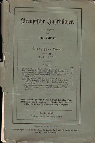 Preußische Jahrbücher.   Herausgegeben von  Hans Delbrück: Preußische Jahrbücher. 70. Band. Erstes Heft. Juli 1892.    Aufsätze:  Marion Crawford: Zoroaster.. 