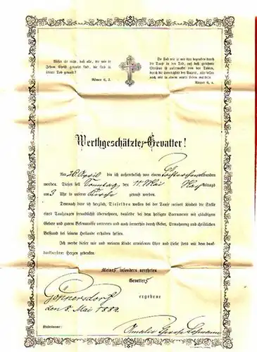 Lohmann, Amalie Therese, Bekanntmachung der Geburt einer Tochter am 26. April 1884 und des Taufdatums am 11. Mai mit der Bitte um Übernahme der Stelle eines Taufzeugen, in der Kirche in Göppersdorf. Datiert: Göppersdorf, den 8. Mai 1884