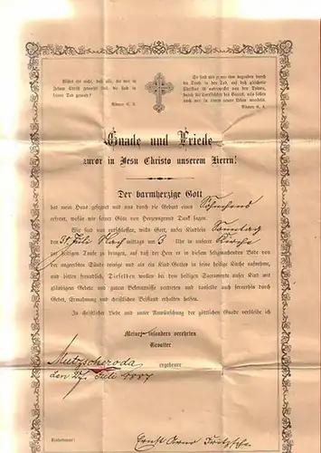 Fritzsche, Emil Theodor, Bekanntmachung des Tauftermins für das Söhnchen von Emil Theodor Fritzsche am 3. Februar 1889 in der Kirche in Mutzscheroda. Datiert: Mutzscheroda, den 29. Januar 1889