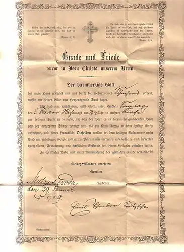 Bekanntmachung des Tauftermins für das Söhnchen von Ernst Arno Fritzsche am 31. Juli 1887 in der Kirche in Mutzscheroda. Datiert: Mutzscheroda, den 27. Juli 1887