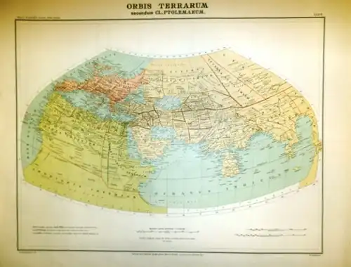 Weltkarte im 2. Jahrhundert.   Kiepert, Heinrich / Kiepert, Richard (del.)/ Serbeck, R. (inc.): Orbis Terrarum secundum CL. Ptolemaeum. Originalkarte im Maßstab 1: 35.. 