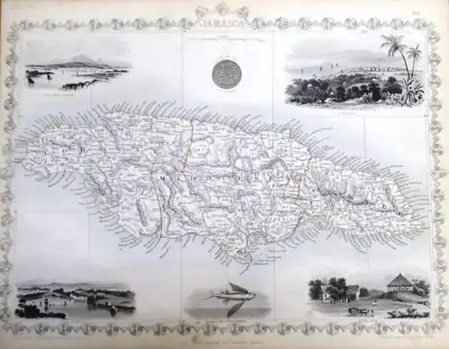 Martin, R.M. (Hrsg.) - Winkles, H. (ill) /Lacey, W. (engraved) / Rapkin, John (The Map Drawn & Engraved by): steal engraving / Grenzcolorierter Stahlstich Jamaica. Mit 6 weiteren BildStahlstichen 1) Port Royal Harbour. 2) Seal of the Colony. 3) Kingston. 