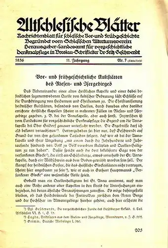Altschlesische Blätter.   Geschwendt, Fritz (Schriftleiter): Altschlesische Blätter. Nachrichtenblatt für schlesische Vor  und Frühgeschichte. Jahrgang 11, Nr. 7, 1936. Herausgeber: Landesamt für vorgeschichtliche.. 