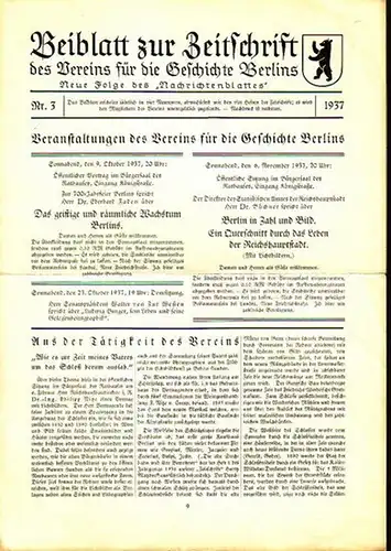 Berlin. - Hasselberg, Felix: Konvolut: Beiblatt zur Zeitschrift des Vereins für die Geschichte Berlins. Nr. 3 / 1937, Nr.1 und 3 / 1941, Nr.1 / 1942 und Nr.1 / 1943. 