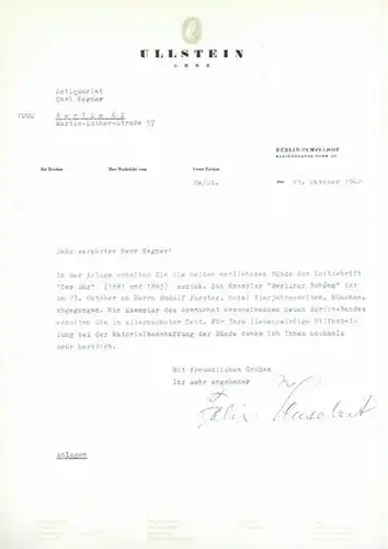 Henseleit, Felix (Autor). - Wegner, Carl , Berlin, Schriftwechsel zwischen Felix Henseleit und dem Antiquariat. Mitteilungen über ausgeliehene Materialien und Belegexemplare