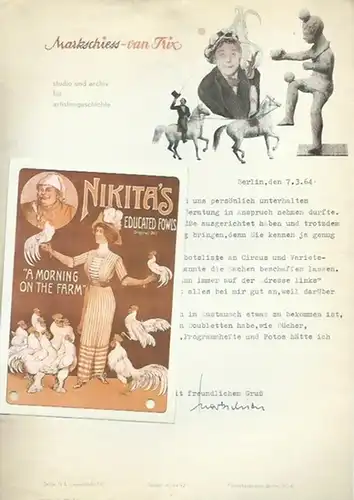 Markschiess van Trix ( Julius 'Jonny', 1920 - 2017 ). - Wegner, Carl , Berlin, 1 maschinenschriftlicher Brief von Markschiess an das Berliner Antiquariat Carl Wegner, betreffend die Suche nach Circus- und Variete-Literatur, mit Tausch-Anfrage wegen reichh