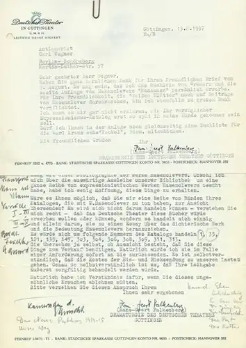 Falkenberg, Hans-Geert; Dramatur Deutsches Theater in Göttingen. - Antiquariat Carl Wegner, Berlin, 2 maschinenschriftliche Briefe und 1 Postkarte betr.: gesuchte Bücher und Zeitschriften und Antwortschreiben des Antiquariats