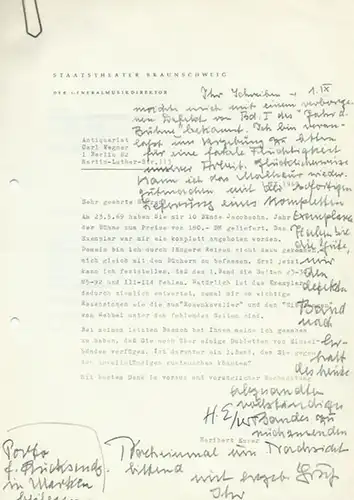 Esser, Heribert; Staatstheater Braunschweig. - Antiquariat Carl Wegner, Berlin, 2 maschinenschriftliche Briefe betreffend fehlende Seiten einer Lieferung von 'Jahr der Bühne' und Antwort des Antiquariats