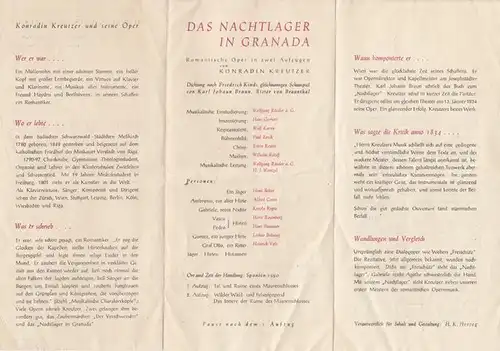 Neue Volksoper Berlin. - Kreutzer, Konradin: Das Nachtlager in Granada. Besetzungszettel der Neuen Volksoper Berlin. Insz.: Hans Gerhart, musikalische Leitung: Wolfgang Rössler. Mit u. a.: Hans Belter, Alfred Caren, Hans Stammer, Karola Ropte. 