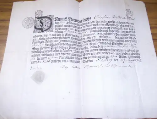 Kuegler, Christian, Geburtsbrief für Christian Kueglers aus Hartun. Urkundlich unter dem Stadt-Insiegel und Unterschrift. Freyburg, den 15. August 1747