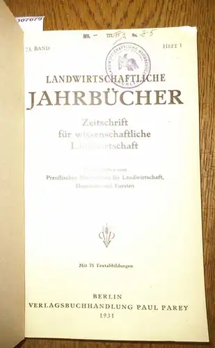 Landwirtschaftliche Jahrbücher.   Preußisches Ministerium für Landwirtschaft, Domänen und Forsten (Hrsg.).   Rahn, Ernst / Ruschmann, G./ Meyer, L. / Prof. Münzinger /.. 