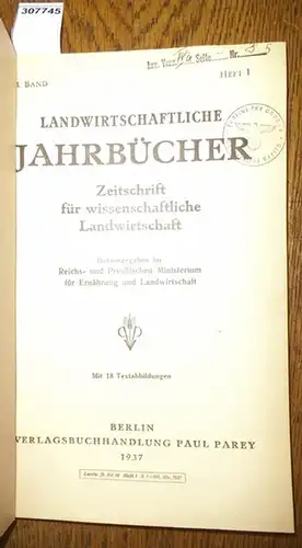 Landwirtschaftliche Jahrbücher.   Reichs  und Preußisches Ministerium für Ernährung und Landwirtschaft (Hrsg.).   Bockholt, K./ Werr, Fritz / Könekamp, A./ Unglaub, H.. 