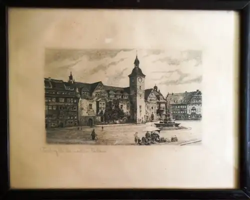 Künstler nicht zu ermitteln: Graphik. Freiberg in Sachsen. Obermarkt und Rathaus. 