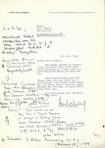 Wallenberg, Hans. - Antiqariat Carl Wegner, Berlin, Schriftwechsel zwischen Hans Wallenberg (2 mal A4) und dem Antiquariat Carl Wegner (zweimal A4), Berlin. Mit der Bitte, das telefonische Angebot zu 'Ferdinand Ebner' schriftlich mitzuteilen UND mit der M