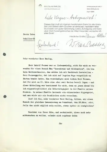 1 Neujahrskarte und 1 Neujahrsbrief von B. Barlog,1 Glückwunschkarte von B. Barlog, alle eigenhändig unterschrieben. 1 Handzettel mit Glückwünschen von 1986 und 1 maschinenschriftlicher Brief.. 