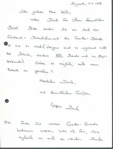 Benda, Wolfram. - Antiquariat Carl Wegner, Berlin, Schriftwechsel zwischen W. Benda und dem Antiquariat Carlos Kühn von 1978, Goethe- und Wieland-Ausgaben betreffend