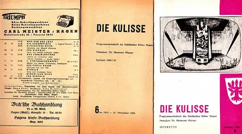 Die Kulisse. Heft 6 und 12 Spielzeit 1956/57. Programmzeitschrift der Städtischen Bühne Hagen. Konvolut von 3 Heften