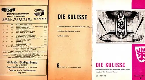 Städtische Bühne Hagen. Hermann Werner-Intendanz (Hrsg.): Die Kulisse. Heft 6 und 12 Spielzeit 1956/57. Programmzeitschrift der Städtischen Bühne Hagen. Konvolut von 3 Heften. 