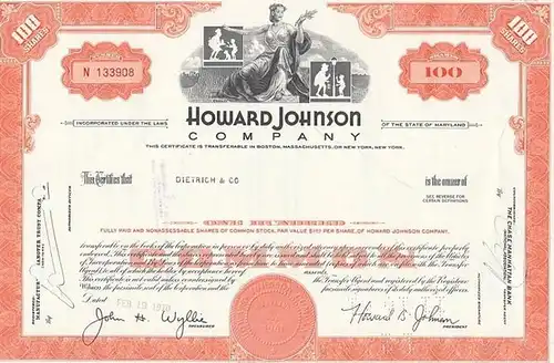 Howard Johnson Company: Certificate of Stock ( Aktie ). 100 Shares. 