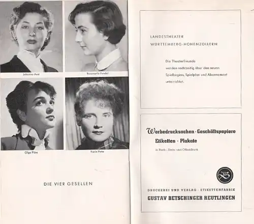 Huth, Jochen. Landestheater Württemberg-Hohenzollern- Intendant: Fritz Herterich (Hrsg.): Das Programm. Folge 18. Spielzeit 1953/54. Programmheft zu "Die vier Gesellen". 