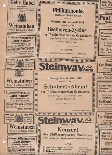Philharmonie Berlin.   Hildebrand, Camillo (Ltg.): Konvolut von Programmzetteln des Philharmonischen Orchesters Berlin, Bernburger Strasse 22a/23 aus der Zeit von Februar 1915 bis Dezember.. 