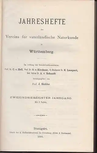 Jahreshefte Verein für vaterländischer Naturkunde in Würtemberg. - Prof. J. Eichler (Hrsg.). - Manfred Bräuhäuser / Otto Buchner / Eggler / Th. Engel / Mayer...