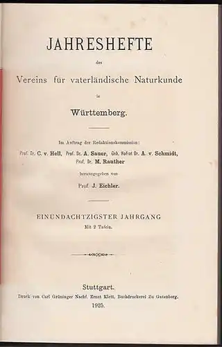 Jahreshefte Verein für vaterländischer Naturkunde in Würtemberg.   Prof. J. Eichler (Hrsg.).   F. Berckhemer / Eytel / David Geyer / W.H.J. Götz.. 