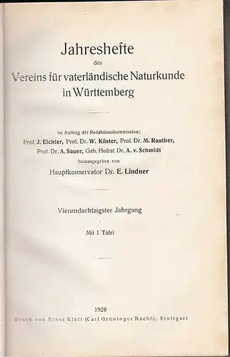 Jahreshefte Verein für vaterländischer Naturkunde in Würtemberg. - E. Lindner (Hrsg.). - M. Frank / F. Haag / W. Kreh / L. Pilgrim und W. Wundt / L. Volz / G. Wagner: Jahreshefte des Vereins für vaterländische Naturkunde in Württemberg. Vierundachtzigs...