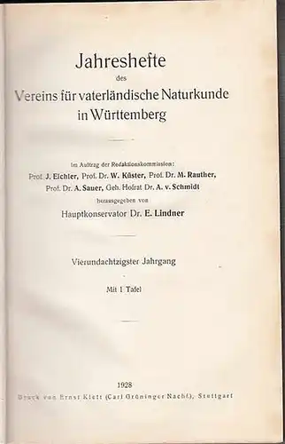 Jahreshefte Verein für vaterländischer Naturkunde in Würtemberg.   E. Lindner (Hrsg.).   M. Frank / F. Haag / W. Kreh / L. Pilgrim.. 