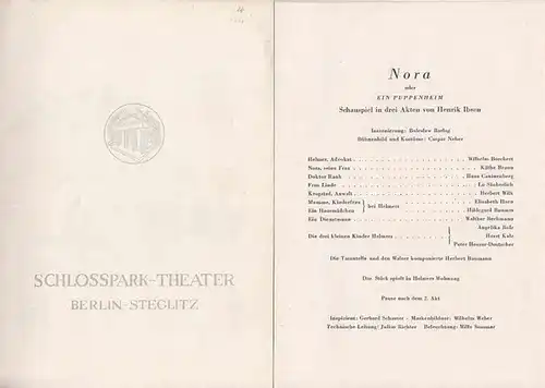 Schlossparktheater Berlin Steglitz Chefdramaturg Albert Beßler. Inszenierung Boleslaw Barlog.  --  Ibsen, Henrik: Nora oder ein Puppenheim. Schauspiel in drei Akten. Schlosspark Theater 1955 / 1956 Heft 26. 