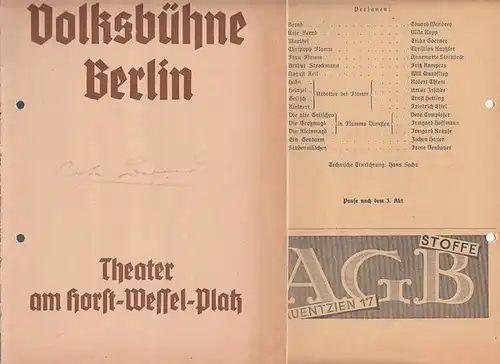 Volksbühne Berlin.   Theater am Horst Wessel Platz.   Generalintendant Eugen Klöpfer.   Spielleitung Heinz Dietrich Kenter.   Bühnenbilder Benno v.. 