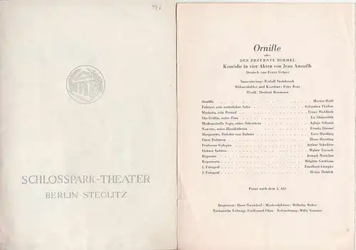 Programmheft des Schloßpark Theaters Berlin,  Spielzeit 1955 / 1956. Heft 49. Jean Anouilh   Ornifle oder der erzürnte Himmel. Komödie in 4 Aktne.. 