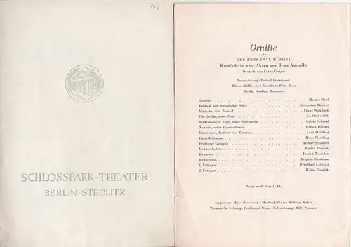 Schloßpark Theater Berlin Steglitz. Intendanz Boleslaw Barlog (Hrsg.). Rudolf Steinboeck (Insz.).  -  Anouilh, Jean: Programmheft des Schloßpark-Theaters Berlin,  Spielzeit 1955 / 1956...