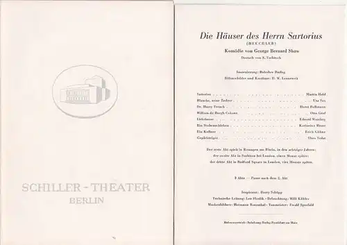 Heft 105: George Bernard Shaw: ' Die Häuser des Herrn Sartorius (Heuchler).' Programmheft Schillertheater, Werkstatt Berlin. Spielzeit 1961 / 1962