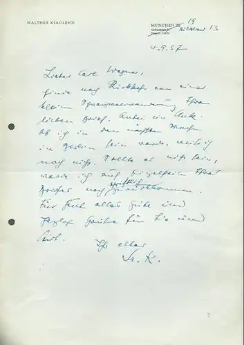 Schriftwechsel zwischen Walter Kiaulehn und seiner Gattin und dem Antiquariat Carl Wegner, Berlin. Briefe meist geschäftlichen Inhalts, aber auch mit persönlichen Mitteilungen