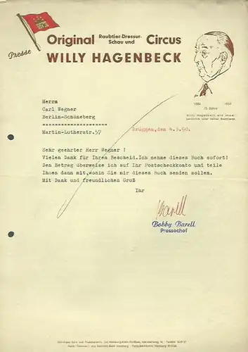Barell, Bobby (Pressechef in Circus Willy Hagenbeck). - Antiquariat Carl Wegner, Berlin, Schriftwechsel meist geschäftlichen Inhalts