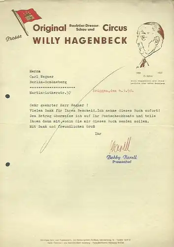 Barell, Bobby (Pressechef in Circus Willy Hagenbeck). - Wegner, Carl , Berlin, Schriftwechsel meist geschäftlichen Inhalts