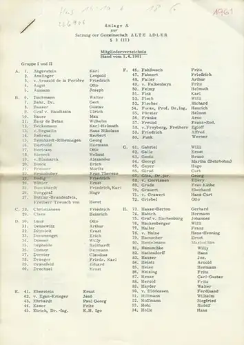 Deutscher Aero Club E.V: Anlage A zur Satzung der Gemeinschaft ALTE ADLER § 3 (II): Mitgliederverzeichnis, Stand vom 1.4.196; Landesgruppe Berlin, Mitgliederverzeichnis, Stand vom 1.4.1962;...