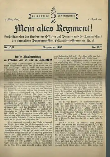 Bund der Offiziere: Mein altes Regiment! Nachrichtenblatt des Bundes der Offiziere und Beamten und der Kameradschaft des ehemaligen Vorpommerschen Feldartillerie-Regiments Nr. 38. Nr. 10/11, November 1935. 