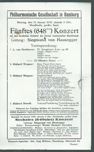 Musikhalle Hamburg.   Soomer, Walter (Kammersänger).   Hausegger, Siegmund von (Dirigent).   Wagner, Richard.   u.a: Fünftes (648stes) Konzert am 11.. 