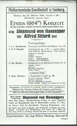 Musikhalle Hamburg. - Hausegger, Siegmund von (Dirigent). - Sittard, Alfred (Orgel / Solist). - Beezhoven, L.v. - Händel, Georg Friedrich. - u.a: Erstes (664stes) Konzert...